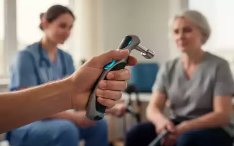 Eine Nahaufnahme einer Hand, die ein Therapiewerkzeug hält, im Hintergrund verschwommen ein Therapeut und ein Patient. - Foto: über boerse-global.de