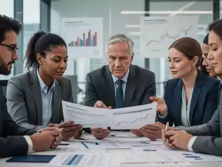 Geschäftsleute besprechen Dokumente zur Altersvorsorge in einem modernen Büro. Fokus auf Nachdenklichkeit und Zusammenarbeit. - Foto: über boerse-global.de