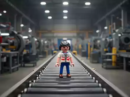 Eine Playmobil-Figur steht allein auf einem Förderband in einer großen, unscharfen Fabrikhalle mit Maschinen im Hintergrund. - Foto: über boerse-global.de