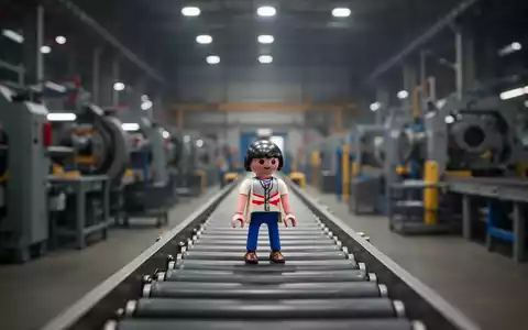 Eine Playmobil-Figur steht allein auf einem Förderband in einer großen, unscharfen Fabrikhalle mit Maschinen im Hintergrund. - Foto: über boerse-global.de