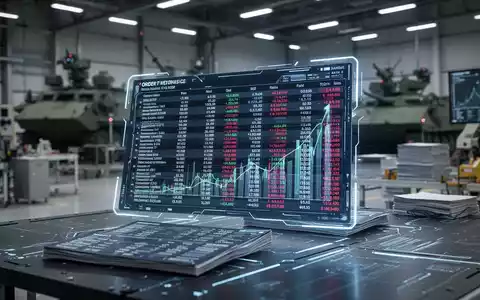 Nahaufnahme eines stilisierten, leuchtenden Auftragsbuchs vor dem Hintergrund einer modernen Verteidigungsfabrik. - Foto: über boerse-global.de