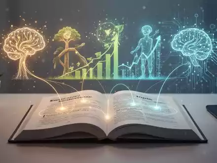Ein offenes Selbsthilfe-Buch auf einem Schreibtisch, mit abstrakten Darstellungen von Wachstum und Technologie im Hintergrund. - Foto: über boerse-global.de