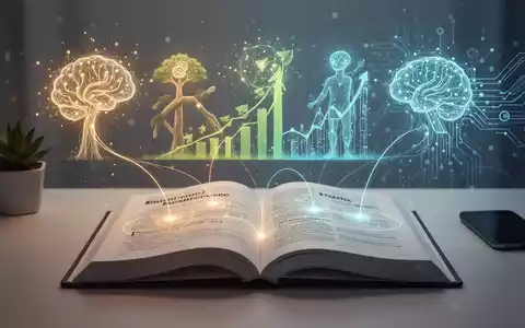 Ein offenes Selbsthilfe-Buch auf einem Schreibtisch, mit abstrakten Darstellungen von Wachstum und Technologie im Hintergrund. - Foto: über boerse-global.de