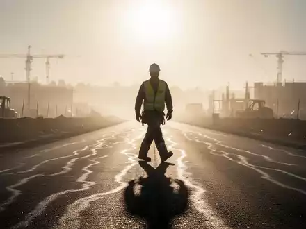 Ein Bauarbeiter geht auf einer durch Hitze verzerrten Asphaltstraße, extreme Hitze und harte Arbeitsbedingungen symbolisierend. - Foto: über boerse-global.de