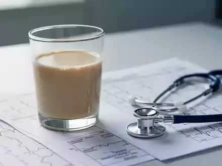 Ein Glas Sojamilch, ein Stethoskop und medizinische Unterlagen auf einem Schreibtisch, die Forschung und Gesundheit symbolisieren. - Foto: über boerse-global.de