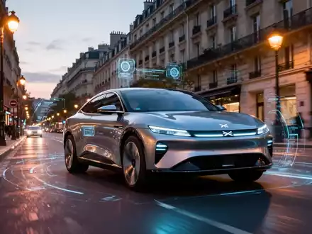 Ein futuristisches XPENG-Elektroauto fährt in der Dämmerung autonom durch eine europäische Stadtstraße. - Foto: über boerse-global.de