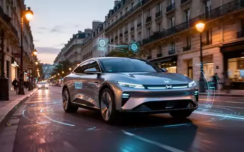 Ein futuristisches XPENG-Elektroauto fährt in der Dämmerung autonom durch eine europäische Stadtstraße. - Foto: über boerse-global.de