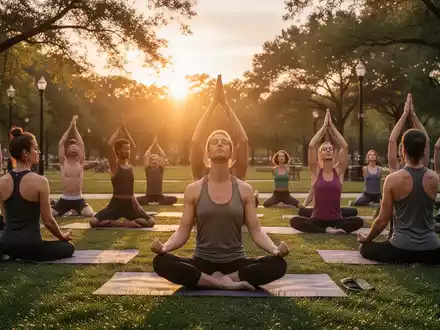 Eine vielfältige Gruppe von Menschen praktiziert Yoga und Meditation in einem ruhigen Park bei Sonnenuntergang. - Foto: über boerse-global.de