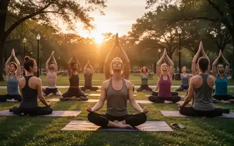 Eine vielfältige Gruppe von Menschen praktiziert Yoga und Meditation in einem ruhigen Park bei Sonnenuntergang. - Foto: über boerse-global.de
