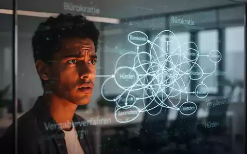Ein frustrierter junger Unternehmer blickt auf ein komplexes, digitales Flussdiagramm mit deutschen Begriffen wie 'Bürokratie' und 'Hürden'. - Foto: über boerse-global.de