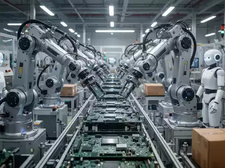 Roboterarme und humanoide Roboter arbeiten effizient in einer futuristischen, hell erleuchteten Smart Factory, die fortschrittliche Fertigung symbolisiert. - Foto: über boerse-global.de