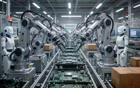 Roboterarme und humanoide Roboter arbeiten effizient in einer futuristischen, hell erleuchteten Smart Factory, die fortschrittliche Fertigung symbolisiert. - Foto: über boerse-global.de