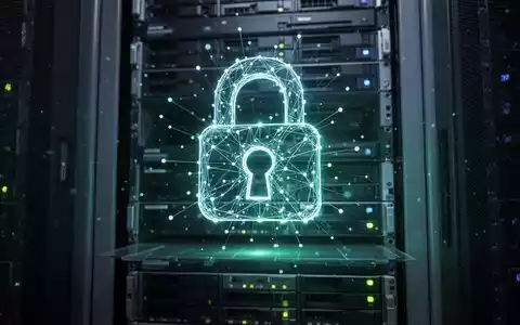 Ein abstraktes, leuchtendes digitales Schlosssymbol schwebt über einem Server-Rack in einem Rechenzentrum. Blaue und grüne Lichter. - Foto: über boerse-global.de
