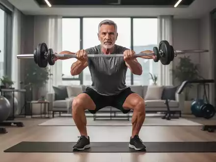 Ein fitter Mann über 50 macht eine Kniebeuge, um die Muskulatur zu stärken und die Fitness zu erhalten. - Foto: über boerse-global.de