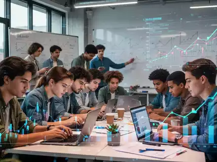 Junge Unternehmer in einem modernen Büro, die an Laptops und Whiteboards arbeiten. Finanzdiagramme sind subtil im Hintergrund zu sehen. - Foto: über boerse-global.de