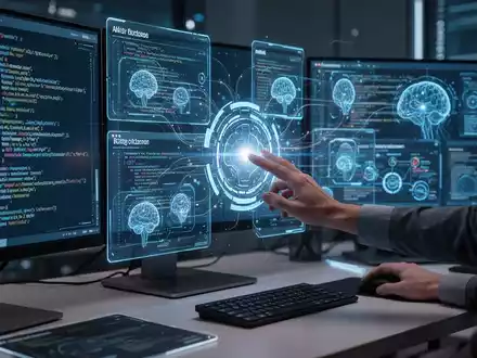 Entwickler-Schreibtisch mit holografischen Bildschirmen, die komplexen Code und KI-Agenten-Schnittstellen zeigen, eine Hand interagiert mit einem leuchtenden Bildschirm. - Foto: über boerse-global.de