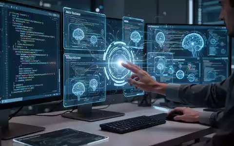 Entwickler-Schreibtisch mit holografischen Bildschirmen, die komplexen Code und KI-Agenten-Schnittstellen zeigen, eine Hand interagiert mit einem leuchtenden Bildschirm. - Foto: über boerse-global.de