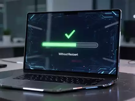 Nahaufnahme eines Laptop-Bildschirms mit erfolgreicher Update-Benachrichtigung und grünem Häkchen. - Foto: über boerse-global.de