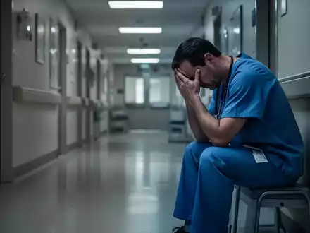Ein erschöpfter Arzt in Arbeitskleidung sitzt mit den Händen am Kopf in einem schwach beleuchteten Krankenhausflur, was Erschöpfung und Stress zeigt. - Foto: über boerse-global.de
