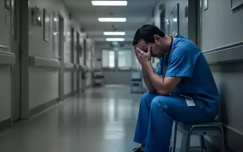 Ein erschöpfter Arzt in Arbeitskleidung sitzt mit den Händen am Kopf in einem schwach beleuchteten Krankenhausflur, was Erschöpfung und Stress zeigt. - Foto: über boerse-global.de