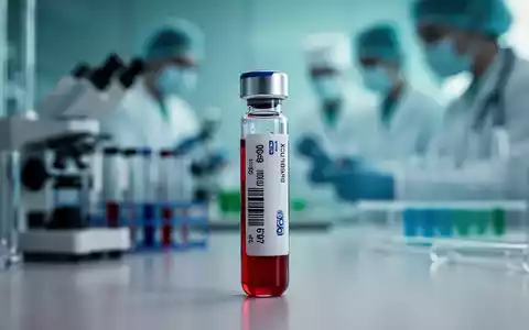 Nahaufnahme eines Blutprobenröhrchens in einer Laborumgebung, umgeben von verschwommenen medizinischen Geräten und Personal. - Foto: über boerse-global.de