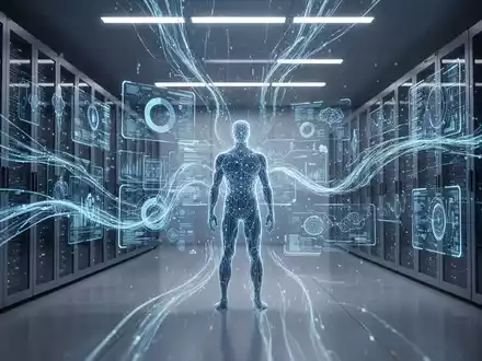 Ein futuristischer Serverraum mit leuchtenden blauen Datenströmen und einer stilisierten menschlichen Silhouette, die holografische Displays überwacht. - Foto: über boerse-global.de