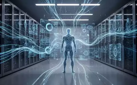 Ein futuristischer Serverraum mit leuchtenden blauen Datenströmen und einer stilisierten menschlichen Silhouette, die holografische Displays überwacht. - Foto: über boerse-global.de