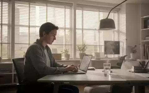 Eine Person arbeitet am Laptop in einem kühlen Homeoffice mit geschlossenen Jalousien und einem Glas Wasser auf dem Schreibtisch. - Foto: über boerse-global.de