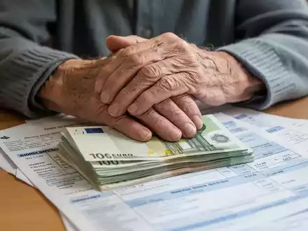 Ältere Hände, die auf einem Stapel Euro-Banknoten ruhen, teilweise bedeckt von Dokumenten zu Pflegekosten, symbolisieren finanzielle Belastung. - Foto: über boerse-global.de