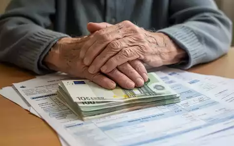Ältere Hände, die auf einem Stapel Euro-Banknoten ruhen, teilweise bedeckt von Dokumenten zu Pflegekosten, symbolisieren finanzielle Belastung. - Foto: über boerse-global.de