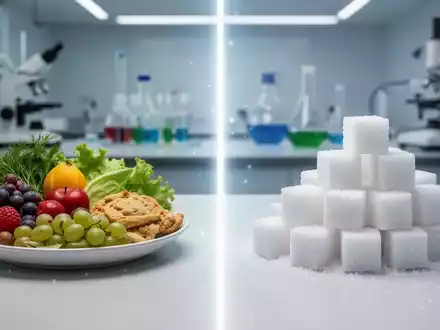 Eine Waage mit gesunden Lebensmitteln auf der einen Seite und Zuckerwürfeln auf der anderen, die ein Gleichgewicht andeutet. - Foto: über boerse-global.de