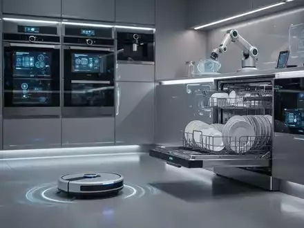 Eine moderne Küche mit integrierten Smart-Geräten, einem Saugroboter und einem Roboterarm, der Geschirr stapelt. - Foto: über boerse-global.de