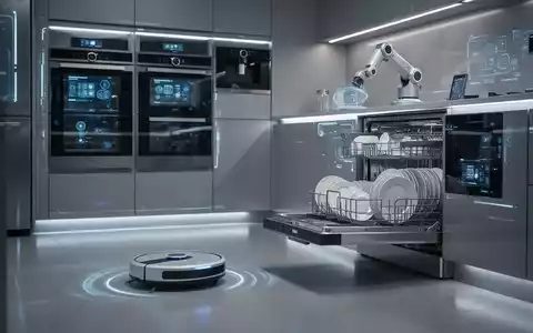 Eine moderne Küche mit integrierten Smart-Geräten, einem Saugroboter und einem Roboterarm, der Geschirr stapelt. - Foto: über boerse-global.de