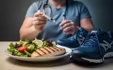 Eine Person hält eine Spritze, während im Vordergrund eine gesunde Mahlzeit und Sportschuhe zu sehen sind. - Foto: über boerse-global.de