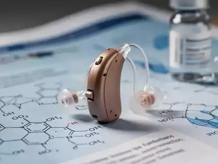 Ein modernes Hörgerät liegt auf einem medizinischen Fachartikel, im Hintergrund verschwommen Impfstofffläschchen und wissenschaftliche Diagramme. - Foto: über boerse-global.de