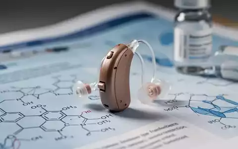 Ein modernes Hörgerät liegt auf einem medizinischen Fachartikel, im Hintergrund verschwommen Impfstofffläschchen und wissenschaftliche Diagramme. - Foto: über boerse-global.de