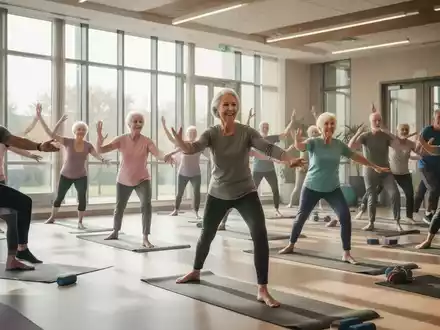 Eine Gruppe von Erwachsenen und Senioren nimmt an einem Gesundheitskurs in einer hellen, modernen Volkshochschule teil. - Foto: über boerse-global.de