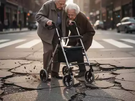 Eine ältere Person mit Rollator kämpft auf unebenem Bürgersteig, im Hintergrund unscharf eine Stadtstraße. - Foto: über boerse-global.de