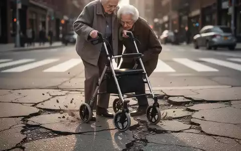 Eine ältere Person mit Rollator kämpft auf unebenem Bürgersteig, im Hintergrund unscharf eine Stadtstraße. - Foto: über boerse-global.de