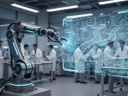 Ein futuristischer Roboterarm mit blau leuchtenden Akzenten interagiert mit einer holografischen Oberfläche, die Algorithmen anzeigt. - Foto: über boerse-global.de