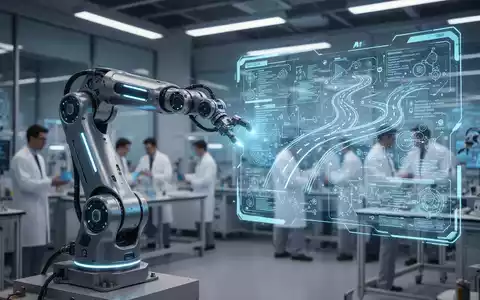 Ein futuristischer Roboterarm mit blau leuchtenden Akzenten interagiert mit einer holografischen Oberfläche, die Algorithmen anzeigt. - Foto: über boerse-global.de