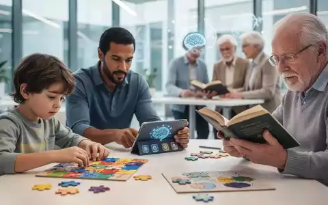 Eine Gruppe von Menschen unterschiedlichen Alters, die an Gehirntrainingsaktivitäten teilnehmen, darunter ein Kind, das ein Puzzle löst, und ein Senior, der ein Tablet benutzt. - Foto: über boerse-global.de