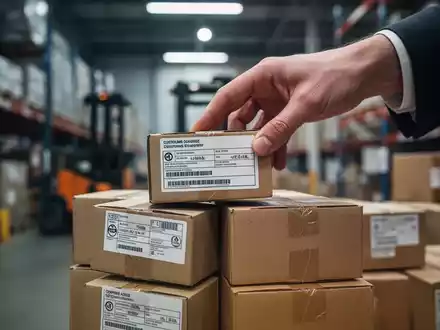 Eine Hand legt ein kleines Paket mit Zollaufkleber auf einen Stapel ähnlicher Pakete in einem Logistikzentrum. - Foto: über boerse-global.de