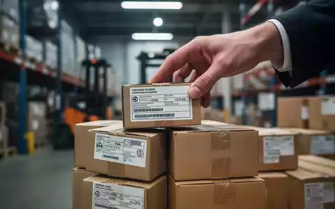 Eine Hand legt ein kleines Paket mit Zollaufkleber auf einen Stapel ähnlicher Pakete in einem Logistikzentrum. - Foto: über boerse-global.de