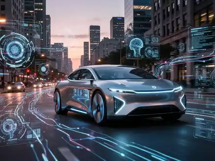 Autonomes Fahrzeug fährt bei Dämmerung durch Stadt, digitale Schnittstellen symbolisieren KI und Daten. - Foto: über boerse-global.de