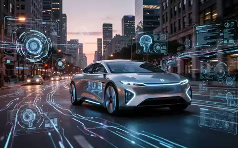 Autonomes Fahrzeug fährt bei Dämmerung durch Stadt, digitale Schnittstellen symbolisieren KI und Daten. - Foto: über boerse-global.de