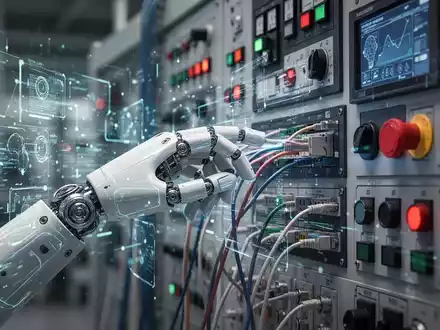 Eine humanoide Roboterhand steckt präzise ein Kabel in ein komplexes Industriebedienfeld, umgeben von leuchtenden Datenströmen. - Foto: über boerse-global.de