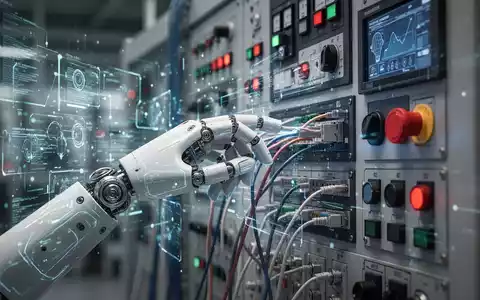 Eine humanoide Roboterhand steckt präzise ein Kabel in ein komplexes Industriebedienfeld, umgeben von leuchtenden Datenströmen. - Foto: über boerse-global.de