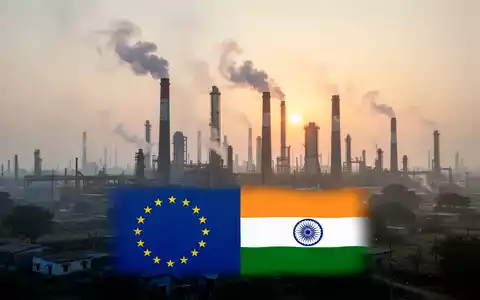 Industrielandschaft in Indien bei Sonnenaufgang mit rauchenden Schornsteinen, die Dampf abgeben, und einer stilisierten EU- und indischen Flagge. - Foto: über boerse-global.de
