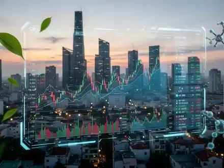 Eine digitale Handelsplattform mit grünen Graphen und CO2-Symbolen vor dem Hintergrund einer beleuchteten vietnamesischen Skyline. - Foto: über boerse-global.de